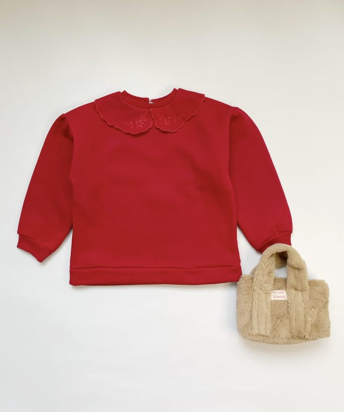 Kız çocuk kırmızı bebe yaka işleme detaylı sweatshirt
