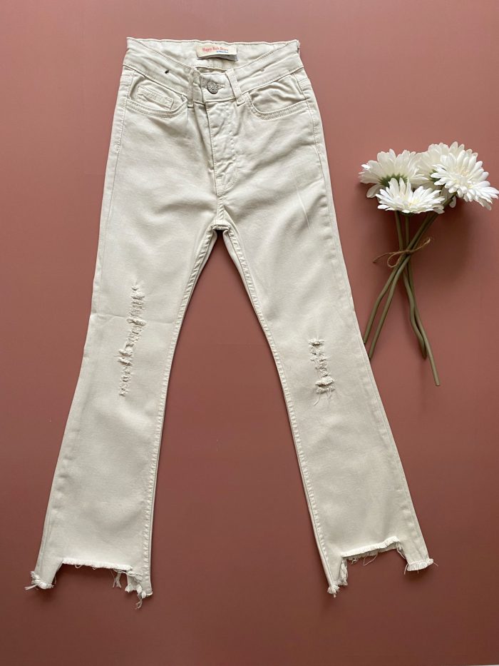 Kız çocuk likralı yırtık detaylı jean pantolon(bej)