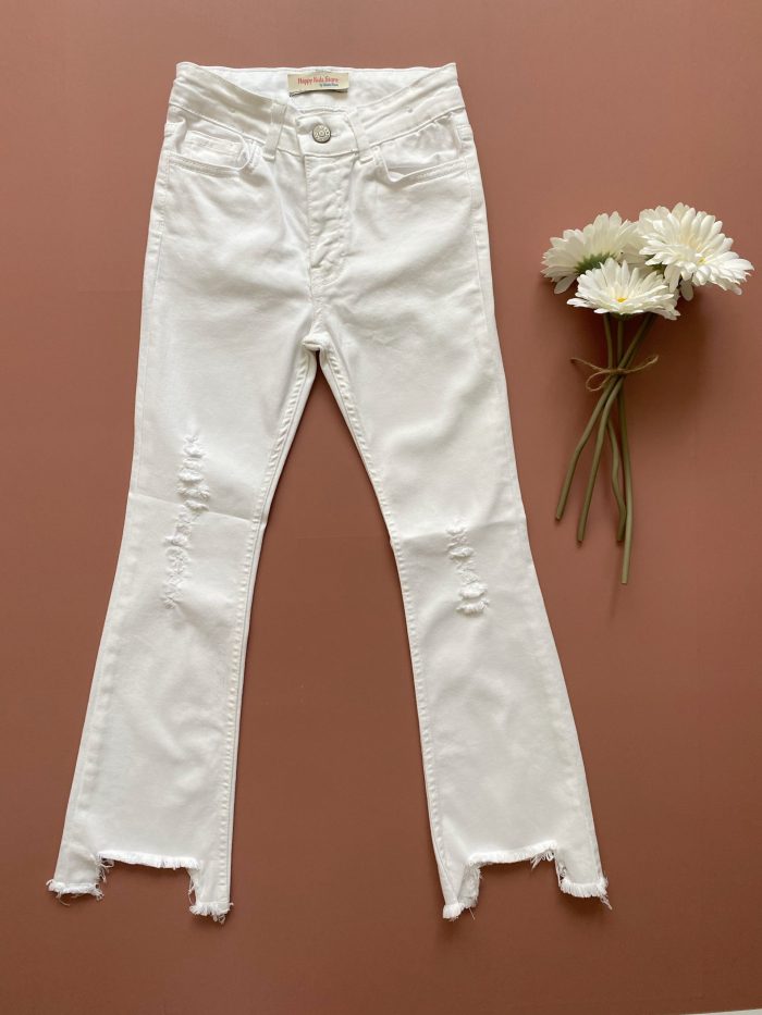 Kız çocuk likralı yırtık detaylı jean pantolon (beyaz)